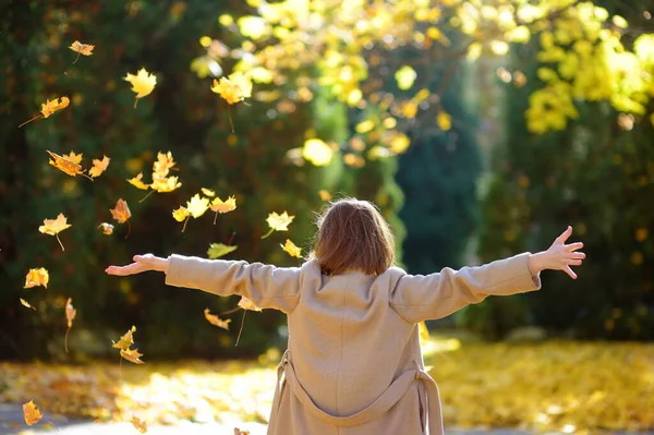 Young Woman Having Fun While Walking Forest Sunny Autumn Day — 图库照片