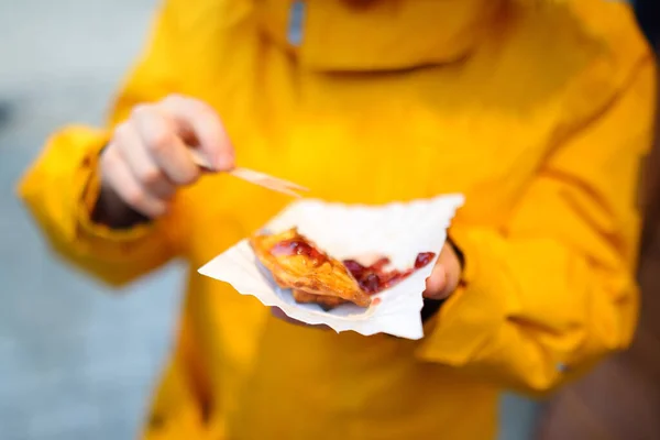 Child Eating Traditional Poland Street Food Oscypek Christmas Market Krakow — Stock Fotó