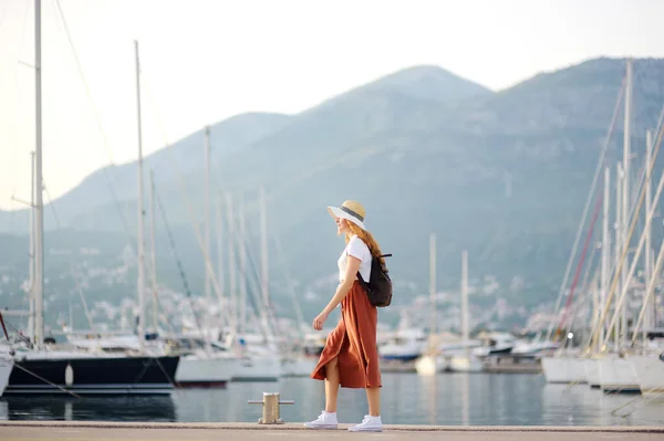 Charming Young Tourist Woman Travel Mediterranean Coast Attractive Red Haired — Photo