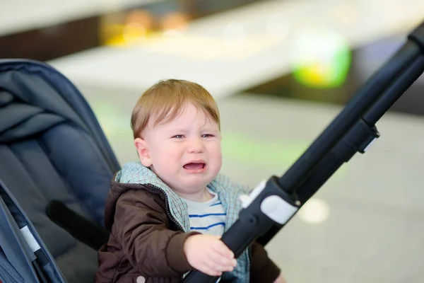 Screaming Little Baby Boy Portrait Crying Toddler Sitting Stroller Kids — Stock Photo, Image