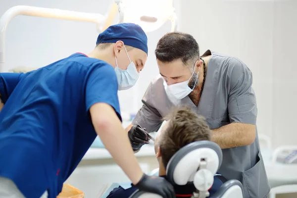 Dentists Patient Medical Center Doctor Intern Doing Check Mature Man — Foto de Stock