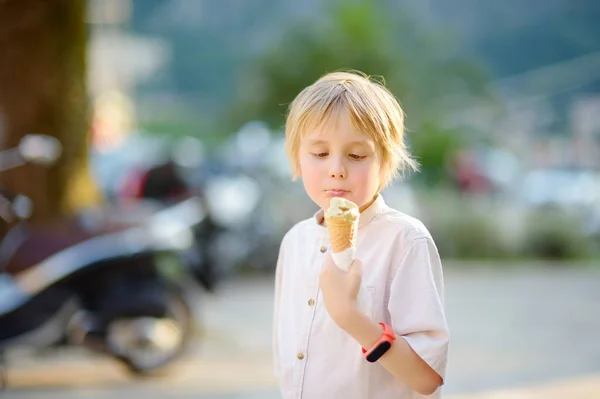 Niño Comiendo Sabroso Cono Helado Aire Libre Durante Paseo Familiar —  Fotos de Stock