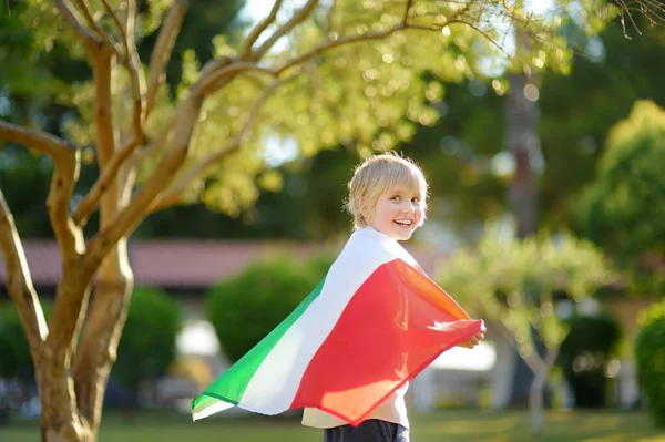 Cute Little Child Holding Big Italian Flag Sunny Summer Day — Foto de Stock