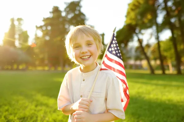 Cute Little Boy Celebrating July Independence Day Usa Park Sunny — 스톡 사진