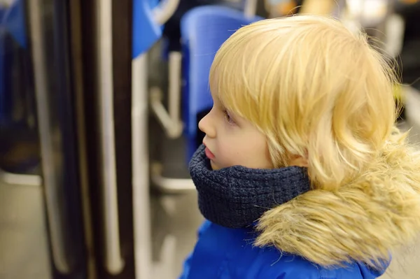 Little Boy Cabin Subway Tram Car Child Passenger Comfortable Transport — Fotografia de Stock