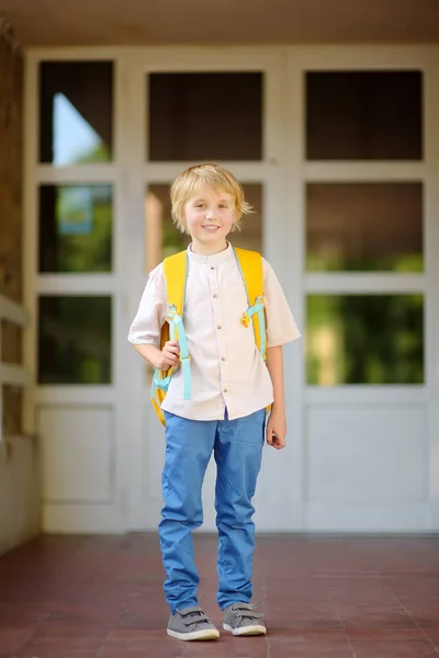 Little Student Backpack Door Stairs School Building Kids Back School — стоковое фото