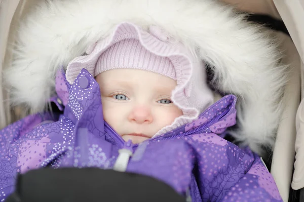 Close Winter Portrait Baby Girl Stroller Outdoors Pretty Tiny Baby — Stock Fotó