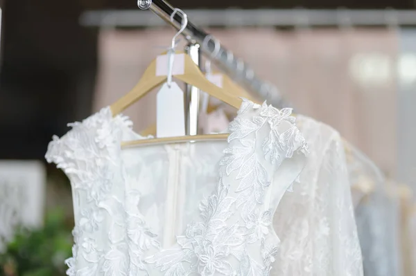 Few Beautiful Dresses Hanger Wedding Salon Atelier Sewing Studio Wedding — 스톡 사진