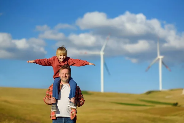 Eco Activists Man Child Background Power Stations Renewable Electric Energy — Stock Photo, Image