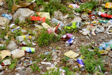 Shkodra, Albania - August 7 2022: Garbage on the ground. Environmental contamination. Problems of recycling trash. Pollution of nature. Waste dump