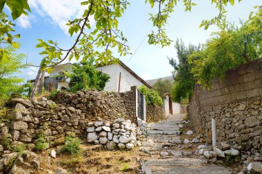 Authentic street of Albanian village on the shore of Lake Skadar. Rustic view with rock fences, houses and gardens. Travel and tourism.