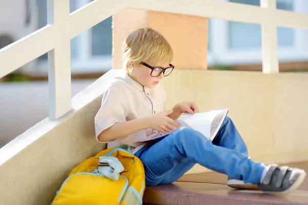 Smart Little Child Sitting Reading Stairs School Building Quality Education — Foto Stock
