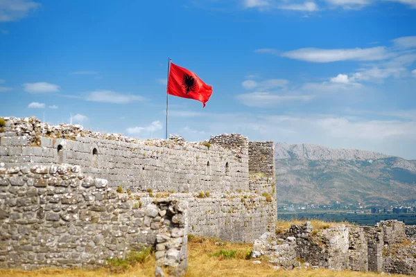 Red Albanian Flag Double Headed Black Eagle Waving Wall Fortress — Stock Fotó