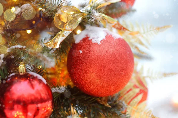 Branch Artificial Christmas Tree Decorated Gold Red Balls Covered Fresh — Stock Photo, Image