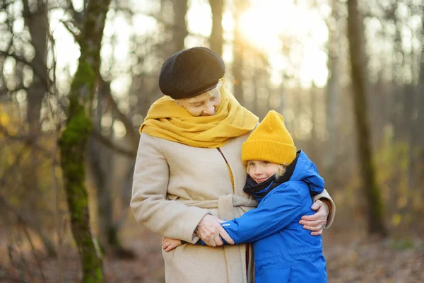 Little Grandson Elderly Grandmother Walking Autumn Park Friendship Granny Grandchild — Stock Photo, Image