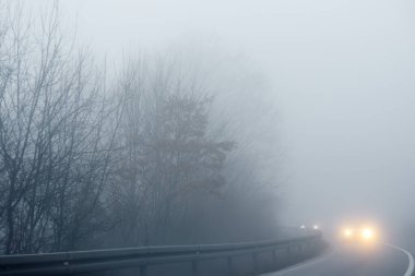 Avrupa 'da bir kış günü otoyolda yoğun sis. Kötü sisli ve yağmurlu havada yollarda araç kullanma tehlikesi. Sürücü ve araba sigortası.