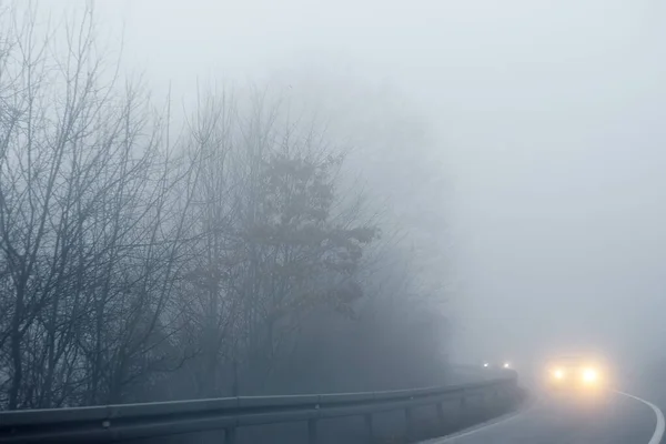 冬の日にヨーロッパの高速道路で濃い霧 悪天候や霧の中で道路上の車両の運転の危険性 運転者及び車両の安全性の保証 — ストック写真