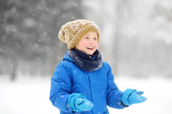 雪の中で新雪と遊ぶのが楽しい男の子 赤ちゃんは手袋に雪の結晶をキャッチ 暖かい服 手の手袋 スカーフで身を包んだ子供 子供のためのアクティブな冬の屋外レジャー — ストック写真