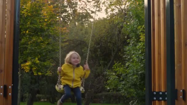 Der Kleine Junge Tobt Einem Herbsttag Auf Einer Schaukel Auf — Stockvideo