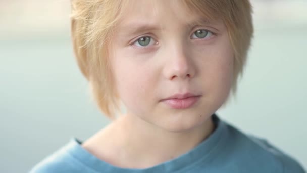 Close Portrait Sad Thoughtful School Age Child Cute Boy Blond — Stock Video