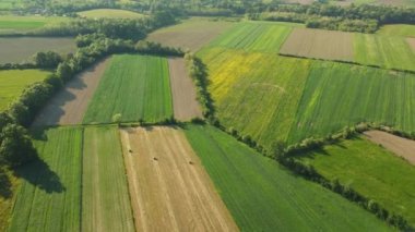 Gün batımında Avrupa 'nın havadan çekilmiş kırsal manzarası. Tarımsal alanlara, polislere insansız hava aracı bakış açısı. Kırsal alan.