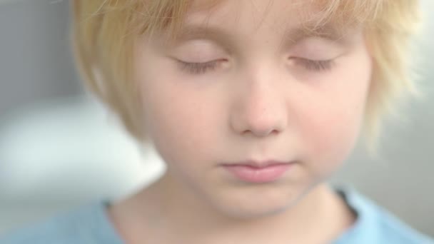 Close Portrait Sad Thoughtful School Age Child Cute Boy Closed — Stock Video