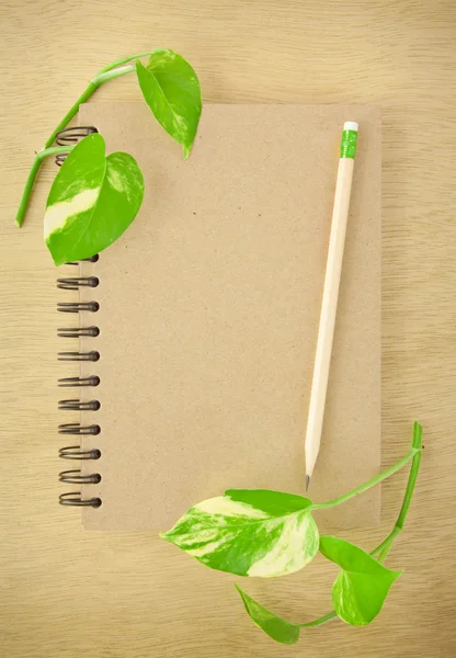 Recyklingu, notatnik i ołówek drewniany — Zdjęcie stockowe