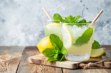 İki bardak limonata ya da naneli mojito kokteyli soğuk, ferahlatıcı içecek ya da buzlu, mavi arka planda buzlu içecek. Boşluğu kopyala