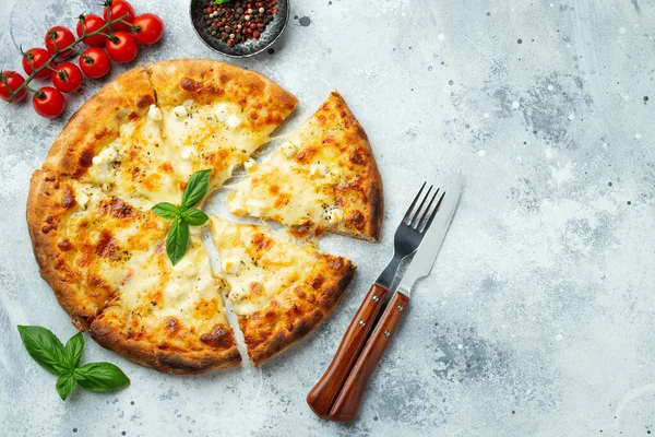 Italian Pizza Four Cheeses Stretching Cheese Basil Light Concrete Background — Stockfoto