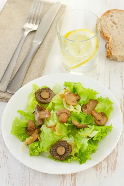 Salada com champignon frito no prato — Fotografia de Stock