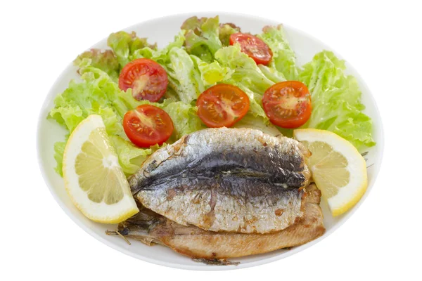 Fried fillet of sardines with salad — Stock Photo, Image