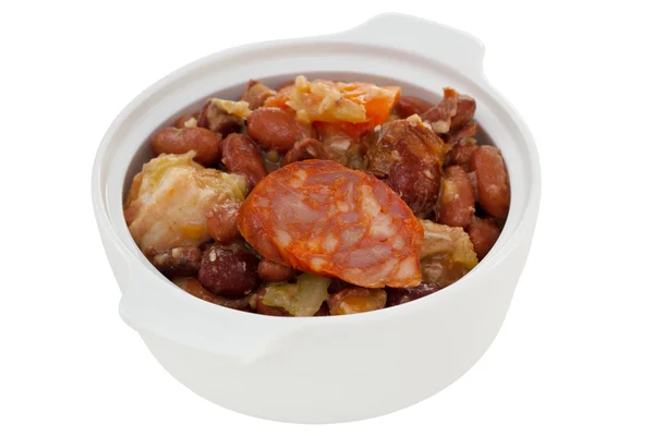 Sausages and meat with red beans — Stock Photo, Image