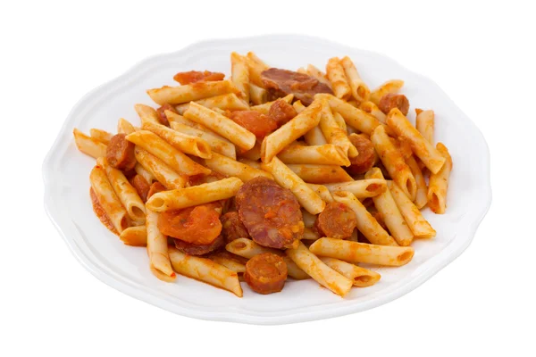 Penne with chorizo and sauce — Stock Photo, Image