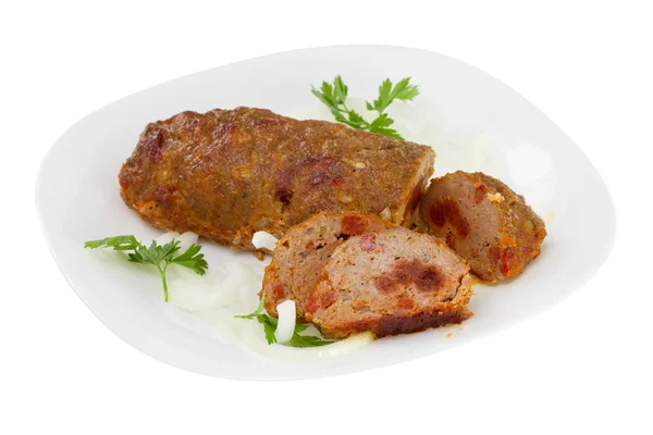 Meat rolled with sausages on the plate — Stock Photo, Image