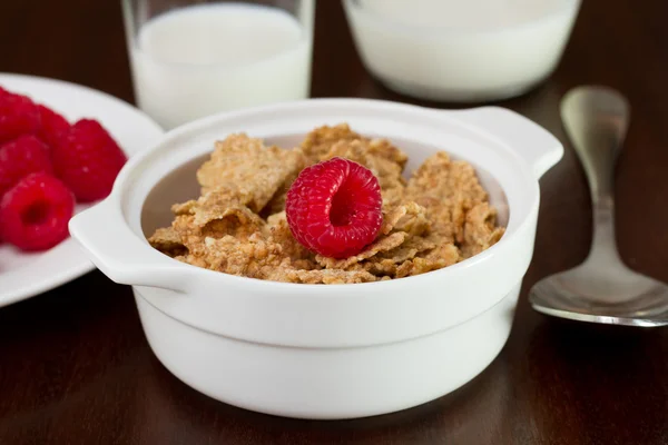 Cereals with raspberries in the bowl and glass of milk — Stock Photo, Image
