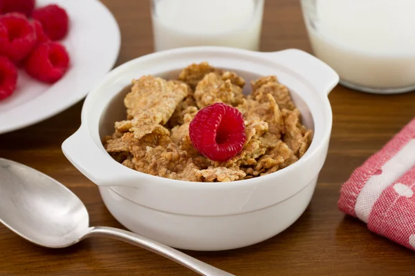 Cereals in the bowl, raspberries and milk — Stock Photo, Image