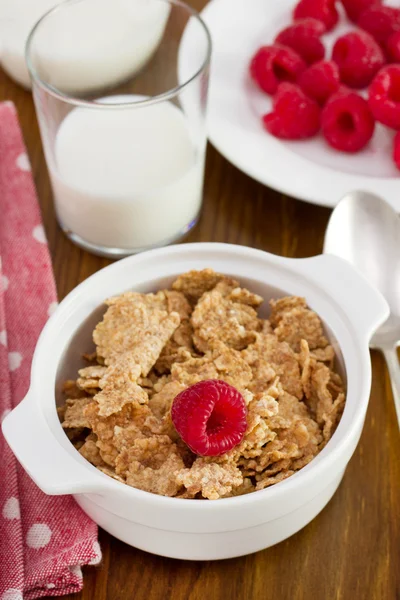 Cereales en el bol, frambuesas y leche —  Fotos de Stock