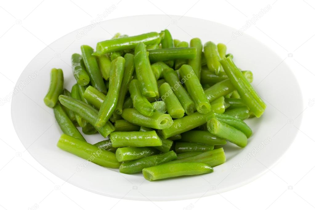 Boiled green beans on the white plate Stock Photo by ©nataliamylova