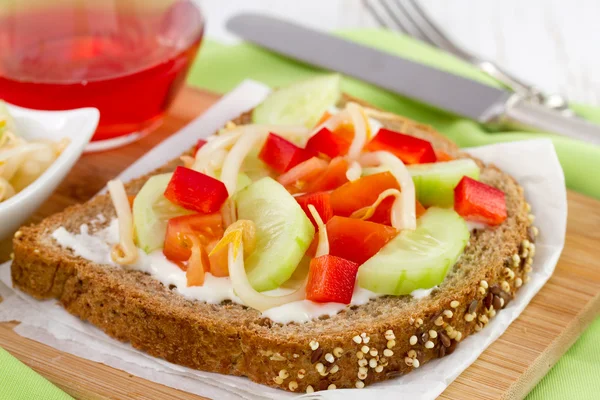 Toast mit Käse, Pfeffer, Gurke auf dem Teller — Stockfoto