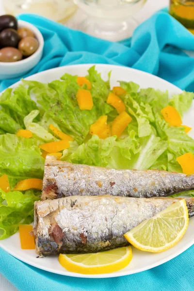 Sardinhas fritas com limão e salada — Fotografia de Stock