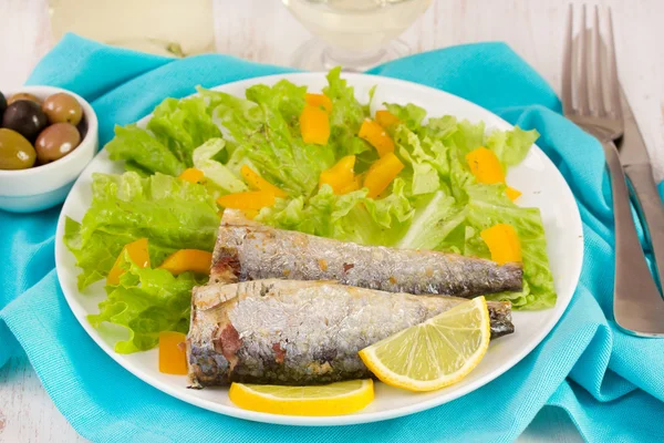 Sardinen mit Zitrone und frischem Salat — Stockfoto