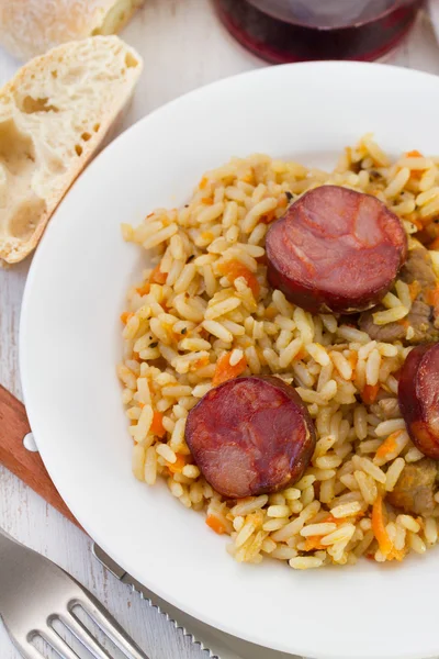 Rice with sausages and pork — Stock Photo, Image