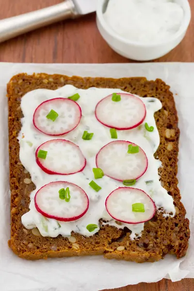 Pan de cereales con salsa, redish y cebolla —  Fotos de Stock