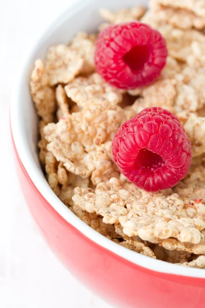 Flakes with raspberries in red bowl — Stock Photo, Image