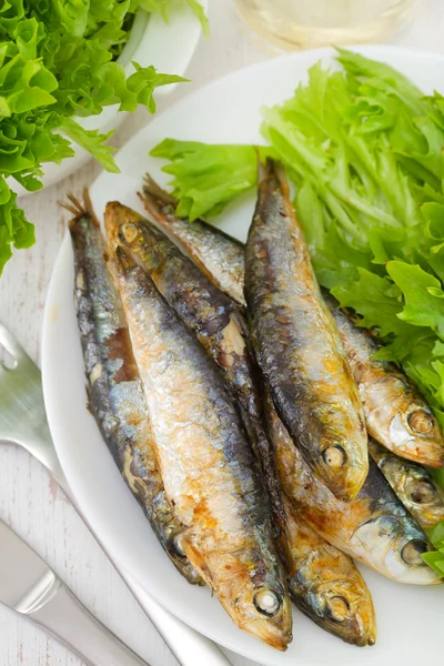 Smažené ryby s salát na talíři — Stock fotografie