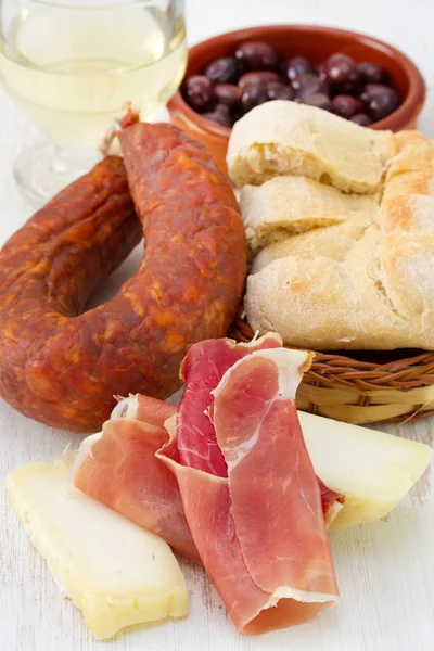 Cheese with bread, chorizo — Stock Photo, Image