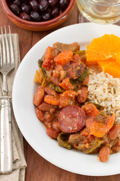 Sausages with meat, beans and boiled rice — Stock Photo, Image