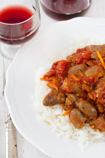 Chicken hearts with rice — Stock Photo, Image