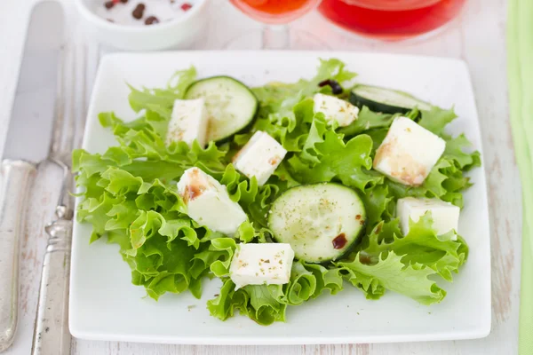 Salad with mozzarella on white plate — Stock Photo, Image