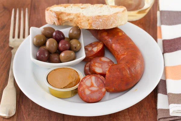 Chorizo with olives, pate — Stock Photo, Image